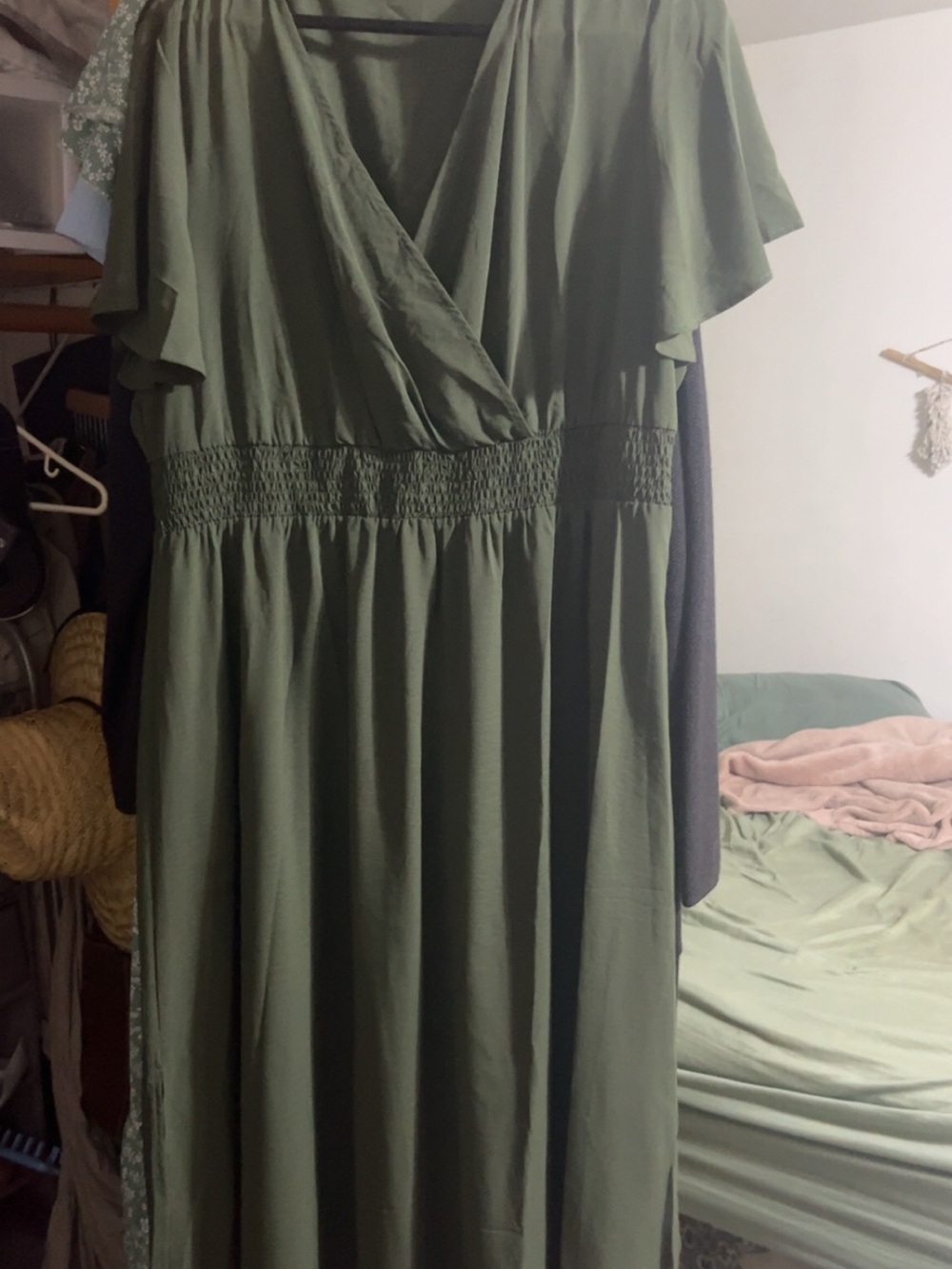 Amazon Olive Green Flutter Sleeve Wrap Maxi Dress